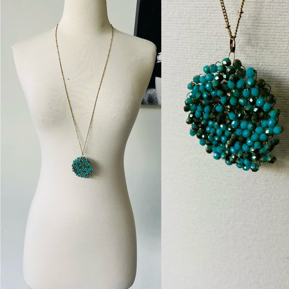 Turquoise and Olive Beaded Pendant Gold Necklace